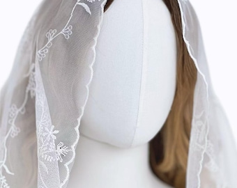 French Embroidered Lace Church Veil, Triangle Chapel Veil Head Covering, Lightweight Prayer Veil Shawl