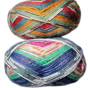 May include: Two balls of colorful yarn. The top ball features a blend of red, orange, green, and blue hues. The bottom ball showcases a mix of blue, green, pink, and purple shades. Ideal for knitting and crochet projects.
