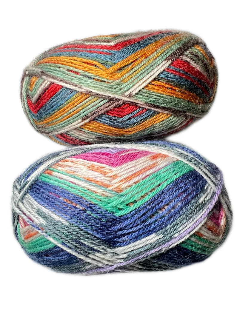 May include: Two balls of colorful yarn. The top ball features a blend of red, orange, green, and blue hues. The bottom ball showcases a mix of blue, green, pink, and purple shades. Ideal for knitting and crochet projects.