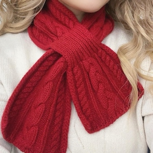 Wool Cable Knit Ribbed Knit Scarf, Twist Neck Warmer(Reversible), Winter Fashion Accessory for Women (Red/Black/Grey/Ivory)