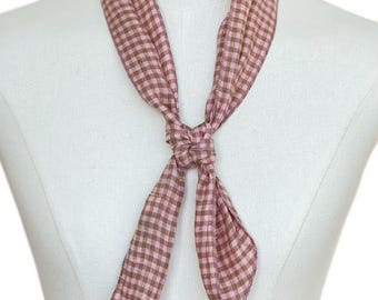 Checked Linen Narrow Scarf, Dopamine Color Gingham Neck Tie for Women, French Minimalist Hair Ribbon, Soft 100%Linen Headscarf