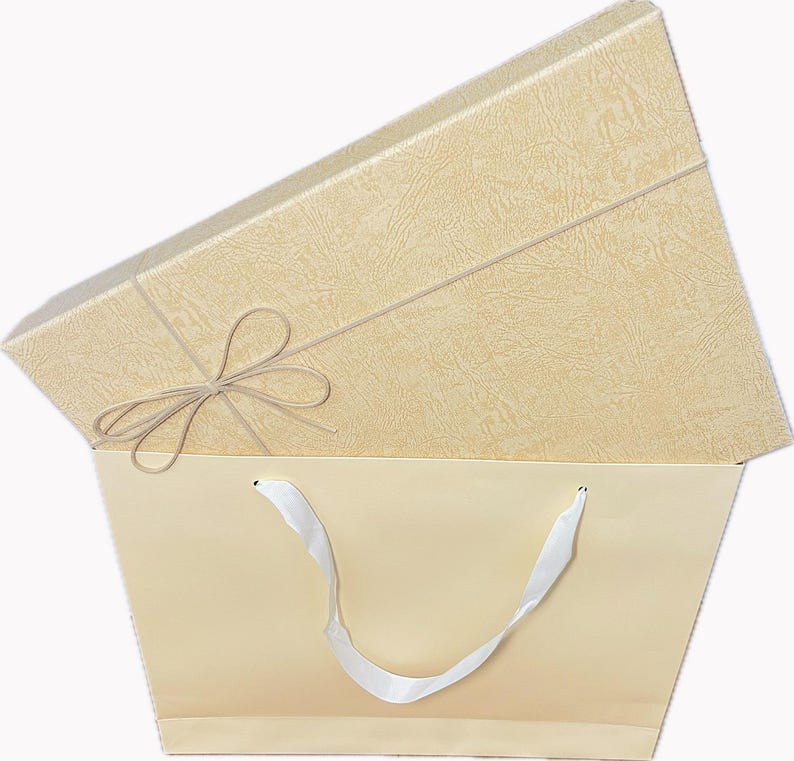 May include: A cream-colored gift box with a textured surface and a matching shopping bag. The box is tied with a thin, light brown string and a bow. The shopping bag has white ribbon handles.