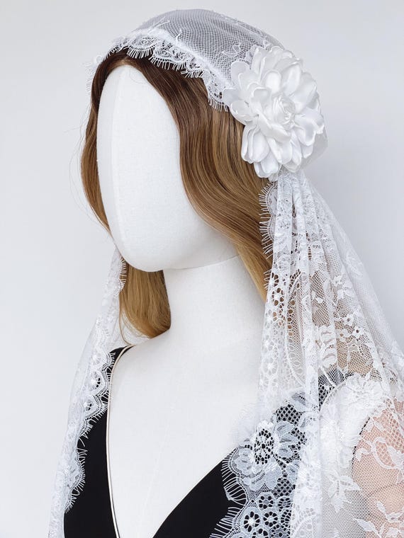 French Lace Juliet Cap Veil, Satin Flower Adjustable Fit, Bridal Wedding Headpiece