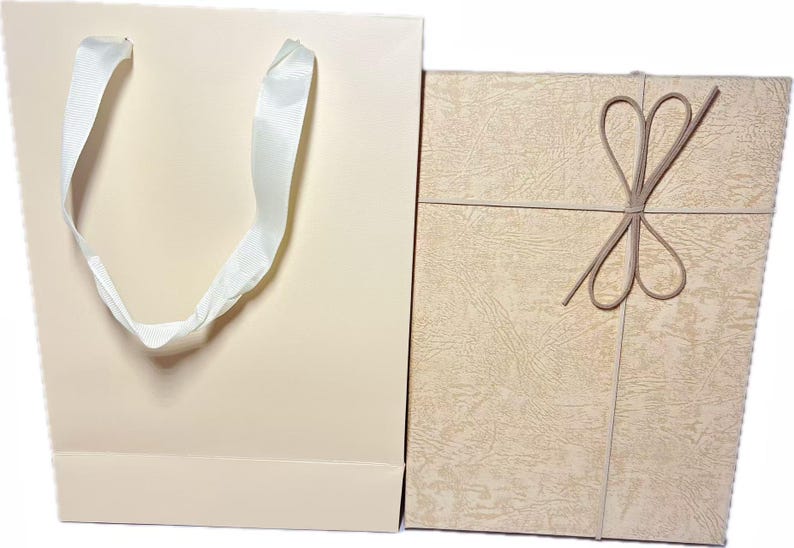 May include: A light beige paper gift bag with white ribbon handles positioned next to a rectangular gift box featuring a textured tan surface and a decorative brown cord tied in a bow across the front of the lid.