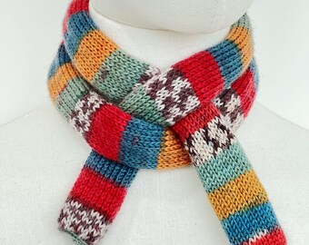 Handknit 70 percent Wool 30 percent Nylon Rainbow Skinny Scarf | 36.2-40.9" x 5.1-5.5" Lightweight Colorful Scarf，multi-color scarf options