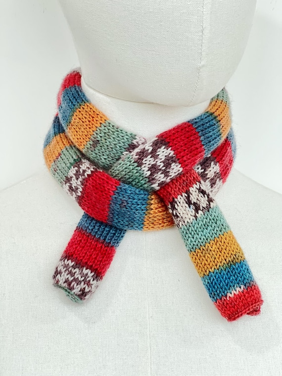 Handknit 70 percent Wool 30 percent Nylon Rainbow Skinny Scarf | 36.2-40.9" x 5.1-5.5" Lightweight Colorful Scarf，multi-color scarf options