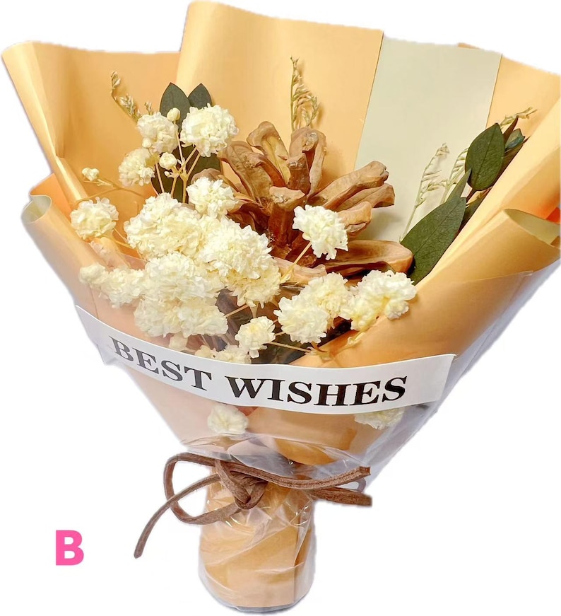 May include: A bouquet of dried white baby's breath flowers and a brown pinecone wrapped in peach-colored paper with a white band featuring the text BEST WISHES. The arrangement is tied with a brown cord and encased in clear plastic wrapping.