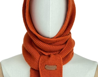 Consinee cashmere hand-knitted Sophie hooded scarf. Elegant leather tag. A special luxury gift.