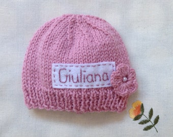 pink newborn knit hat with name, personalized newborn hat, newborn girl, monogram baby hat, baby coming home hat, baby hospital hat