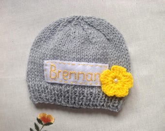 grey newborn hat, personalized newborn hat, newborn girl, monogram baby hat, grey name beanie, newborn photo prop, baby coming home outfit