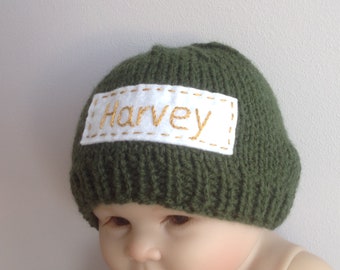 green knit personalized newborn hat for boy, baby knit hat, newborn name hat, personalized newborn gift,  monogram baby beanie, newborn hat