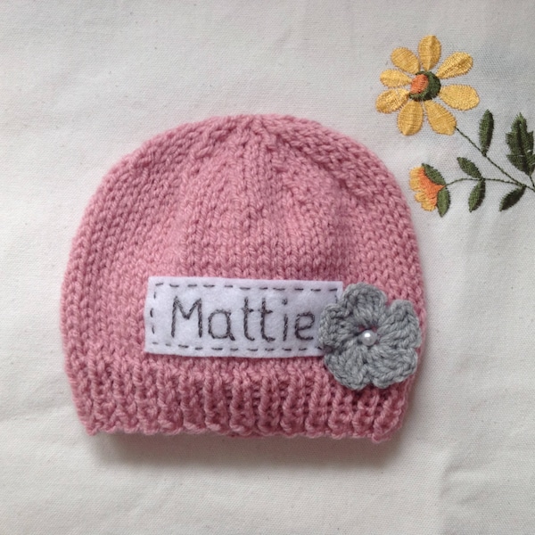 pink newborn hat, personalized newborn hat with flower, monogram baby hat, baby name beanie, newborn photo prop, baby coming home outfit