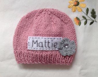 Personalized Newborn Hat: Pink Monogrammed Baby Beanie with Flower