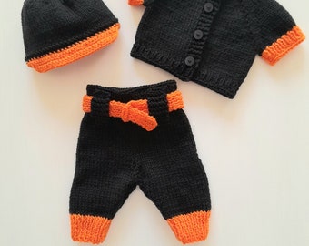 Baseball newborn knit set, black and orange baseball pants, shirt and hat, newborn photo prop, baby coming home outfit, baby shower gift set