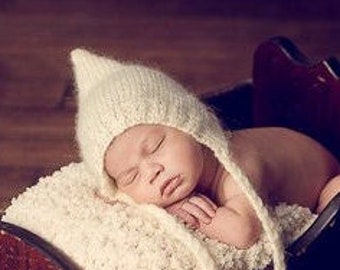 Newborn photo prop, cream mohair bonnet, newborn hand knit hat, newborn bonnet, baby shower gift, baby coming home outfit, baby hospital hat