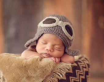 Newborn photo prop, knit baby pilot aviator hat, for baby, baby coming home outfit, baby hospital outfit, baby shower gift, gift for mom