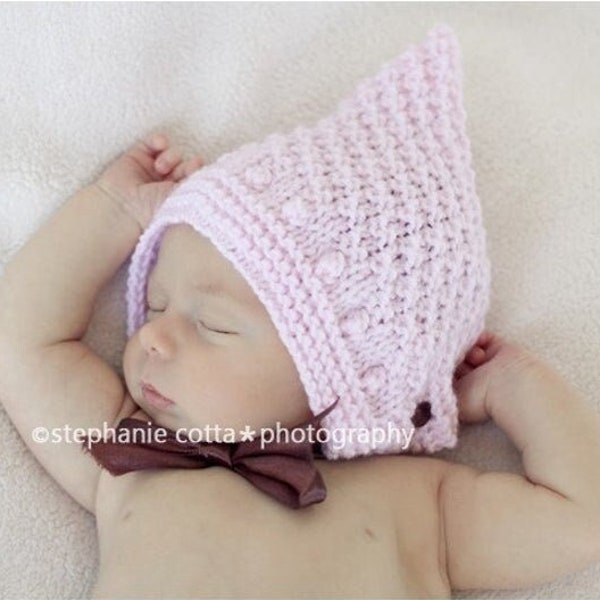 pink bonnet newborn, baby girl hat with a satin bow, newborn photo prop, newborn hand knit hat, baby coming home outfit, baby hospital hat