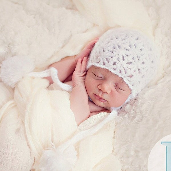 newborn photo prop, newborn hand knit hat, mohair beanie with pompoms and tassels, newborn girl, baby coming home hat, baby hospital hat