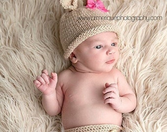 bunny newborn diaper cover and hat set, newborn photo prop, newborn knit set, newborn hat, diaper cover, baby beige set, baby shower gift