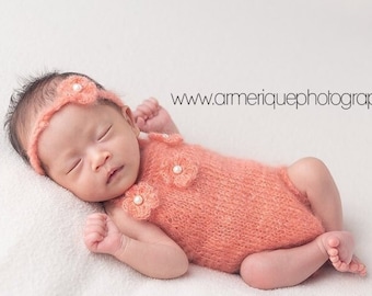 newborn photo prop, baby coral set of romper and headband, newborn mohair romper with flowers, newborn girl, newborn knit romper, baby props