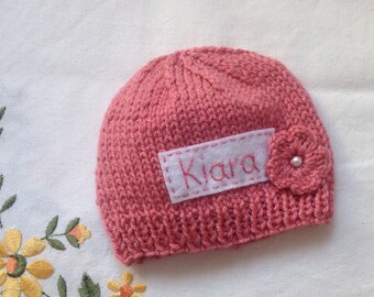 Coral Newborn Hat: Personalized Monogram Knit Beanie