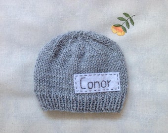 Newborn hat, newborn photo prop, grey knit newborn hat with name, newborn boy, personalized newborn hat