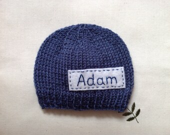 Blue Jeans Knit Newborn Hat: Personalized Monogram Baby Beanie