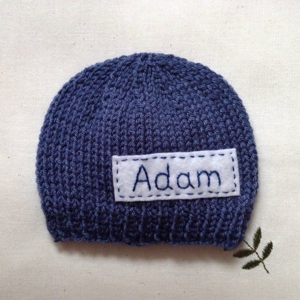 blue jeans newborn hat, personalized newborn hat with name, newborn boy, monogram baby hat, newborn knit hats, baby coming home outfit