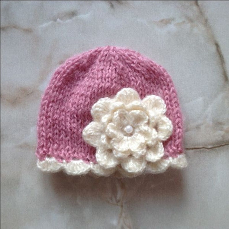 newborn beanie with a large flower, newborn girl beanie, newborn knit hat, newborn photo prop, baby coming home outfit, baby hospital hat image 9
