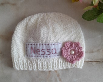 newborn hand knit hat with name, personalized newborn hat, newborn girl beanie, monogram baby hat, baby coming home hat, newborn photo props