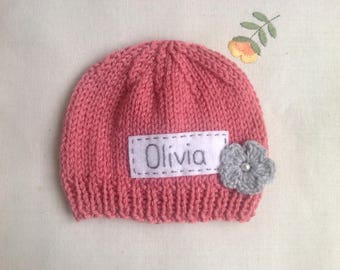 Coral Newborn Hat: Personalized Monogrammed Baby Beanie