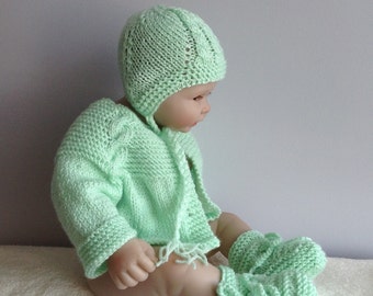 newborn knit set, light green set of  sweater, booties and bonnet, baby coming home outfit, baby hospital outfit, baby shower gift