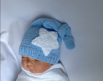 blue and white or any color newborn or baby beanie with a star,  knit hat for baby boy and girl, baby coming home outfit, baby shower gift