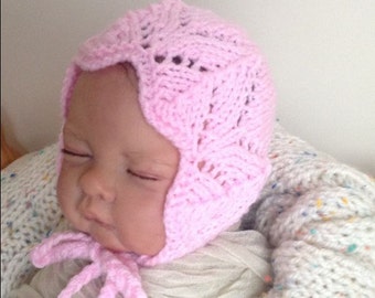 Newborn photo prop, knit bonnet for newborn and baby, pink baby bonnet, handmade baby bonnet, baby coming home outfit, baby hospital hat