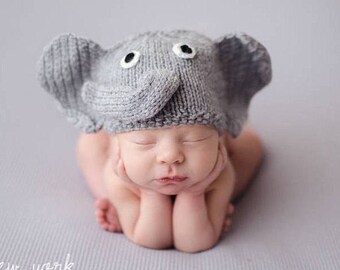 Stickad elefantmössa för nyfödd: Grå babyfotorekvisita