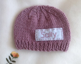 mauve newborn hat, personalized newborn hat, newborn girl, monogram baby hat, baby name beanie, newborn photo prop, baby coming home hat