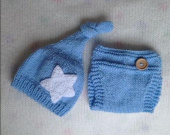 blue newborn hat and diaper cover set, newborn hat with star, baby coming home outfit, diaper cover, newborn boy gift, baby shower gift