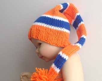 newborn knit hat, newborn boy hat, newborn photo prop, striped knit elf hat, orange and blue knit baby hat, baby coming home outfit