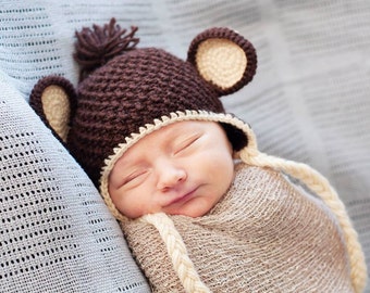 monkey newborn hat, newborn photo prop, newborn knit hat, animal baby hat, baby shower gift, brown newborn hat, baby coming home knit outfit