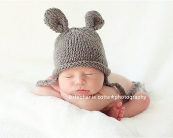 Newborn photo prop, knit gray bunny newborn/ baby hat for boy and girl, Easter rabbit hat, baby coming home outfit, baby hospital outfit