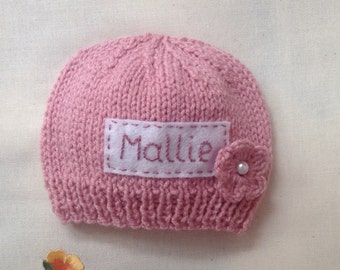 Personalized Pink Knit Newborn Hat, Monogram Beanie, Baby Photo Prop
