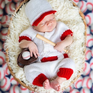 Baseball newborn knit set, white and red baseball pants, shirt and hat, newborn baby photo prop, baby coming home outfit, baby hospital set