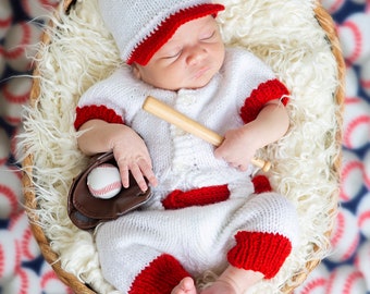 Baseball newborn knit set, white and red baseball pants, shirt and hat, newborn baby photo prop, baby coming home outfit, baby hospital set