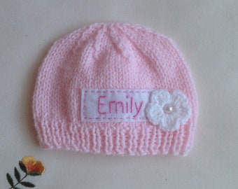 Newborn Knit Hat: Pink Personalized Baby Girl Hospital Outfit
