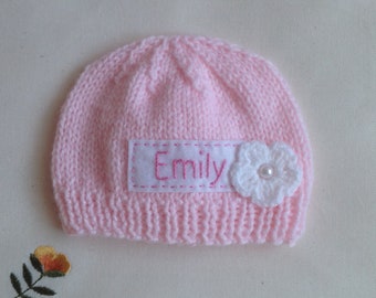 Newborn knit hat, newborn photo prop, pink newborn  personalized hat with a flower for girl, baby coming home outfit, baby hospital hat