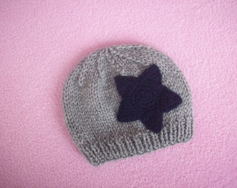 Newborn photo prop,  grey newborn beanie with navy star,  newborn boyor girl, newborn hand knit hat, baby coming home hat, baby shower gift