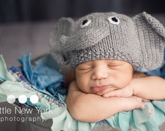 Stickad elefantmössa för nyfödd: Babyfotorekvisita, grå Coming Home-outfit