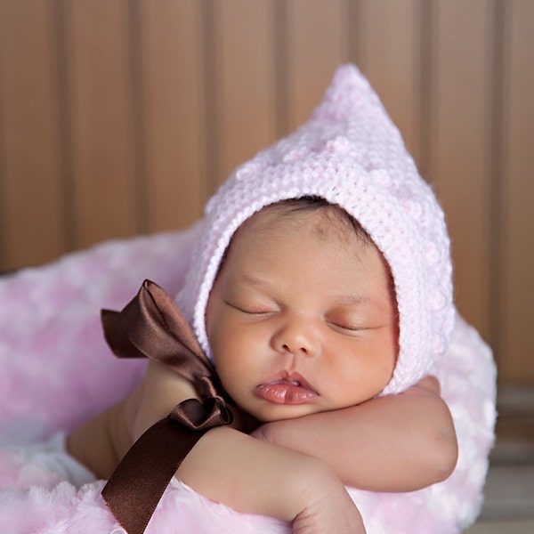Newborn photo prop, handmade pink bonnet newborn with a satin bow, newborn girl, newborn knit hat, baby shower gift, baby coming home hat