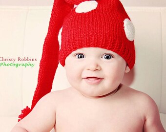 Newborn photo prop, Red baby elf hat with white dots,  newborn knit hat, newborn Christmas hat, red baby knit elf hat, baby christmas gift