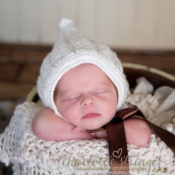 newborn hand knit hat, newborn photo prop, bonnet for newborn with a satin bow, newborn boy, newborn girl, baby bonnet, baby coming home hat